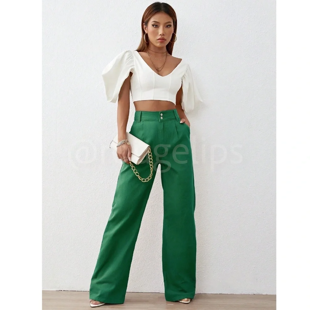 Cotton Green Wide Leg High Waist Denim Pants - Picture 2 of 6